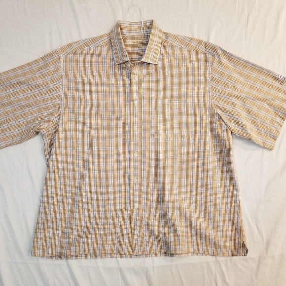 Peter Millar Short Sleeve Button Up Shirt Tan Blue Check Plaid XL - Picture 8 of 16